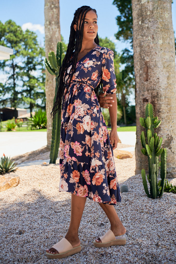 Winter Rose Navy Print Eve Midi Dress