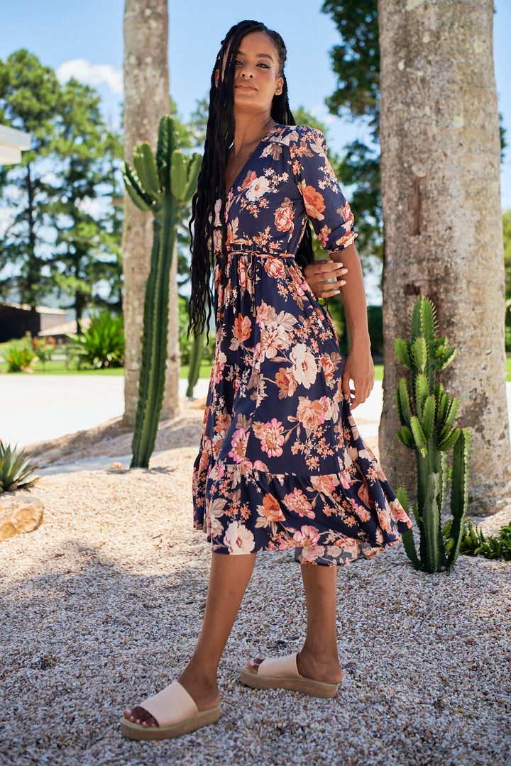 Winter Rose Navy Print Eve Midi Dress