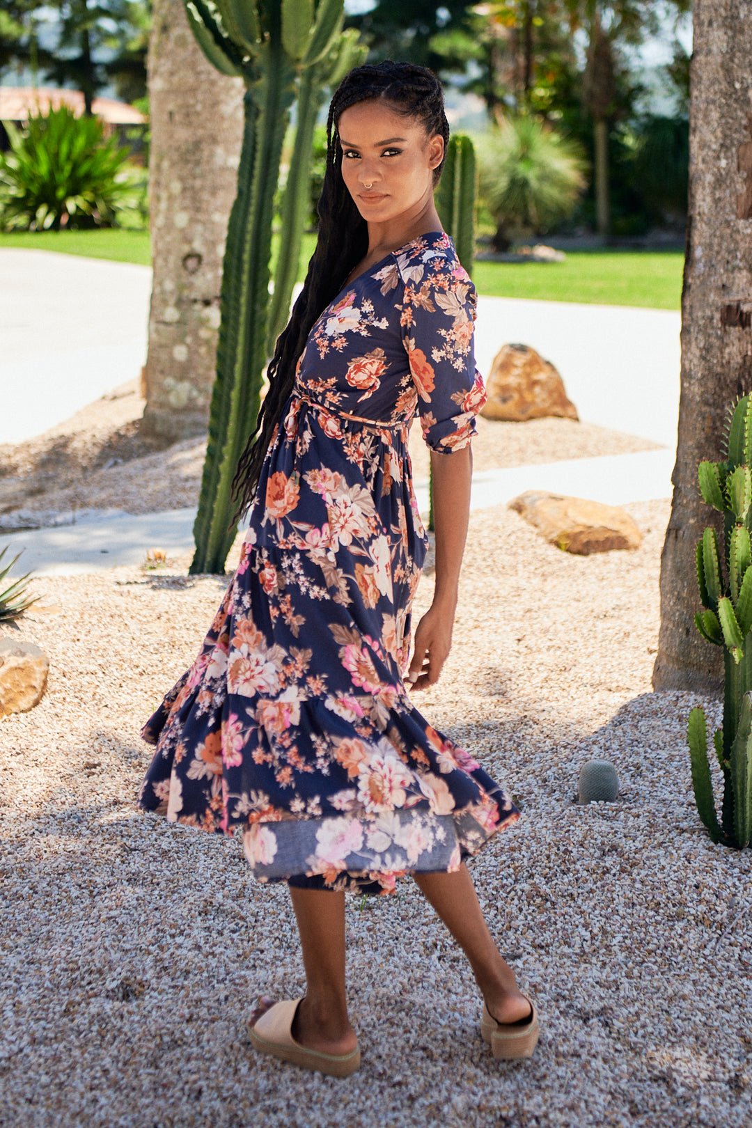 Winter Rose Navy Print Eve Midi Dress