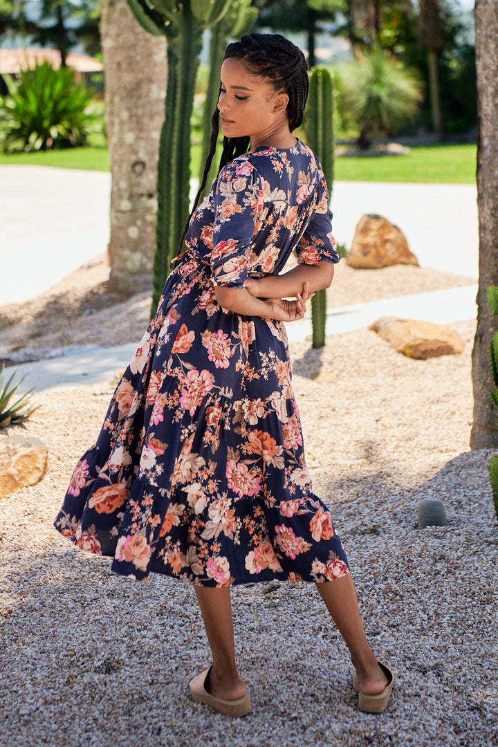 Winter Rose Navy Print Eve Midi Dress