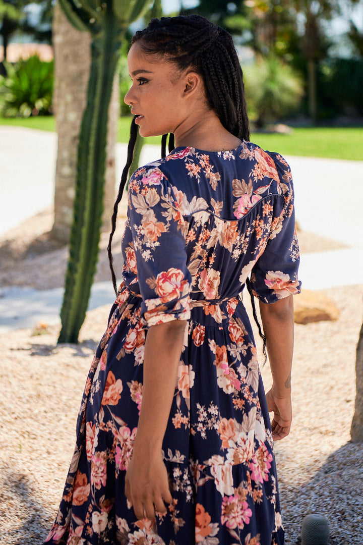 Winter Rose Navy Print Eve Midi Dress