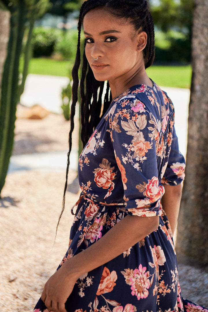 Winter Rose Navy Print Eve Midi Dress