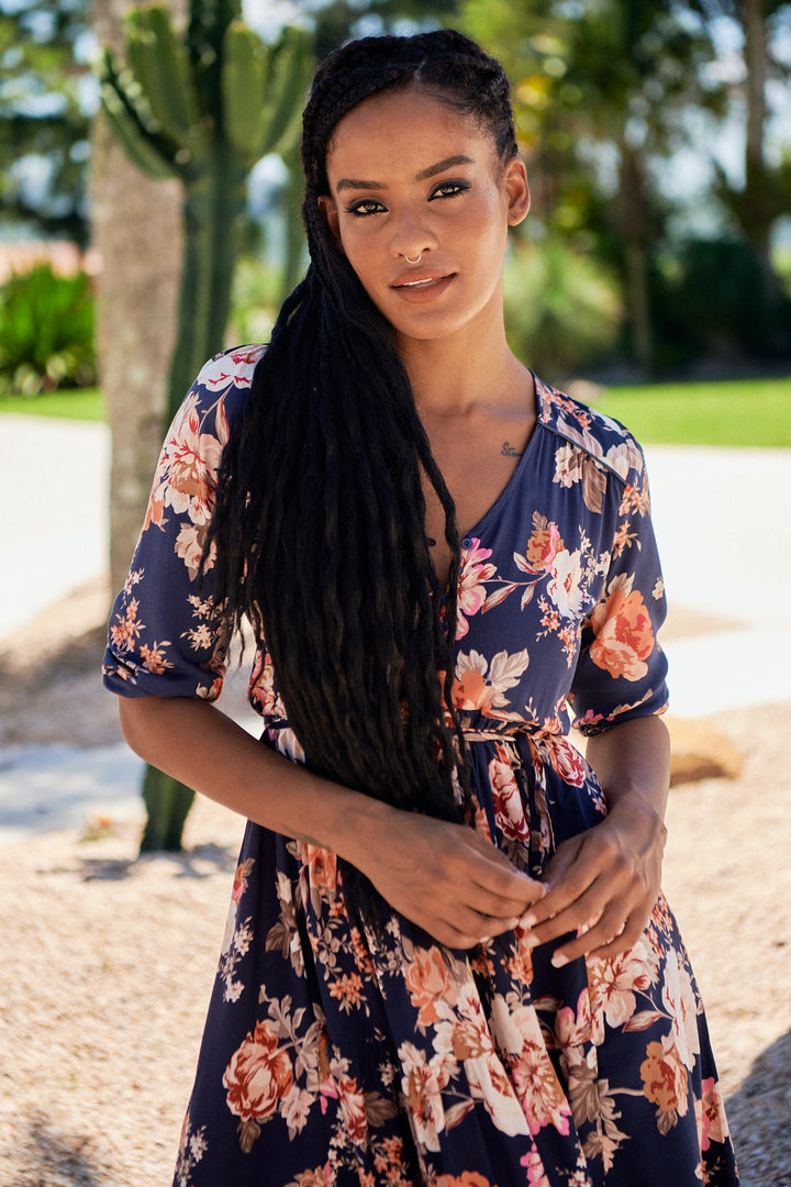 Winter Rose Navy Print Eve Midi Dress