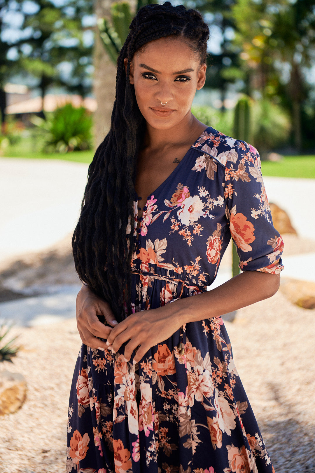Winter Rose Navy Print Eve Midi Dress