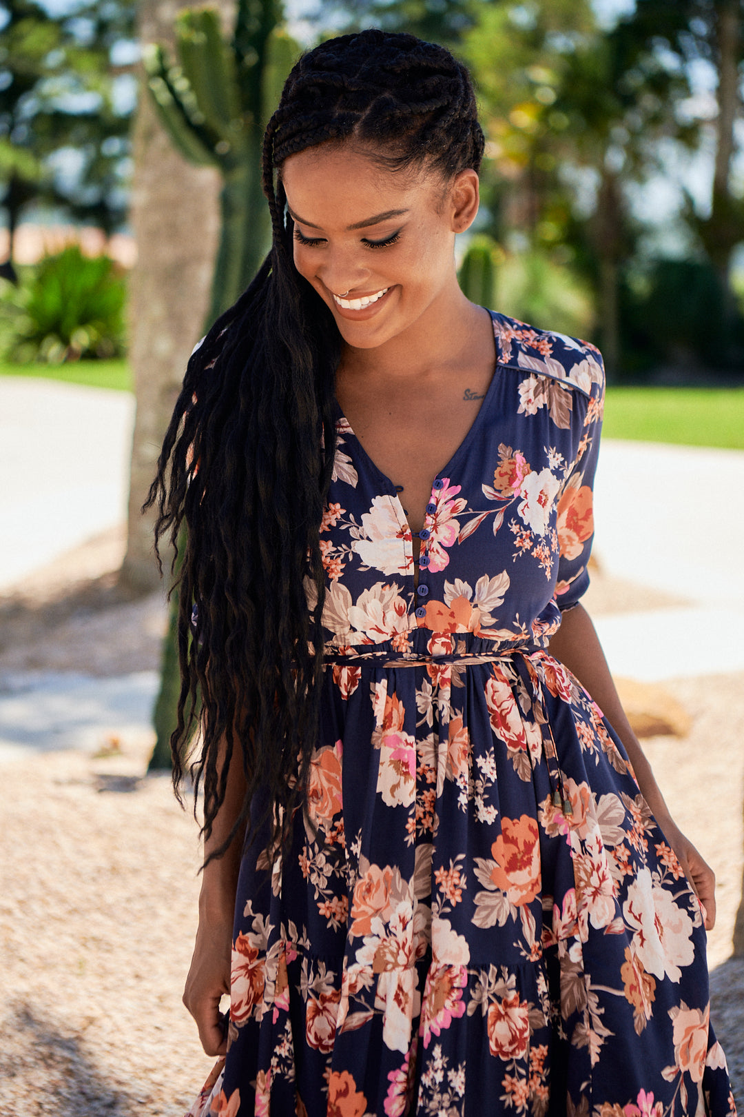 Winter Rose Navy Print Eve Midi Dress