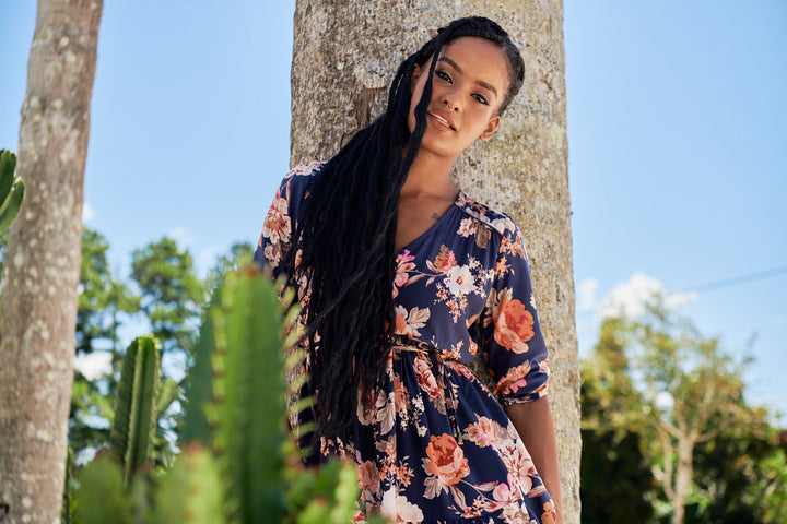Winter Rose Navy Print Eve Midi Dress