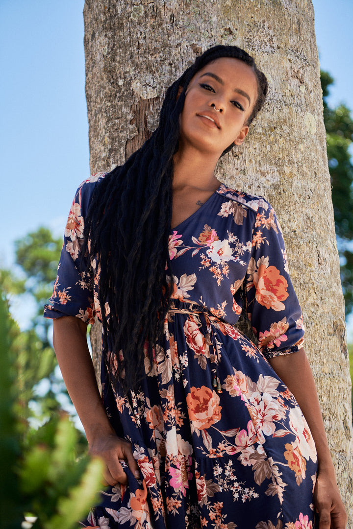 Winter Rose Navy Print Eve Midi Dress