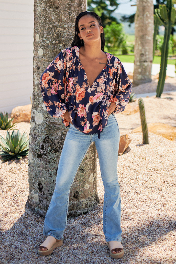 Winter Rose Navy Print Rue Top