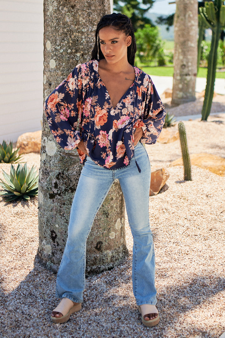 Winter Rose Navy Print Rue Top