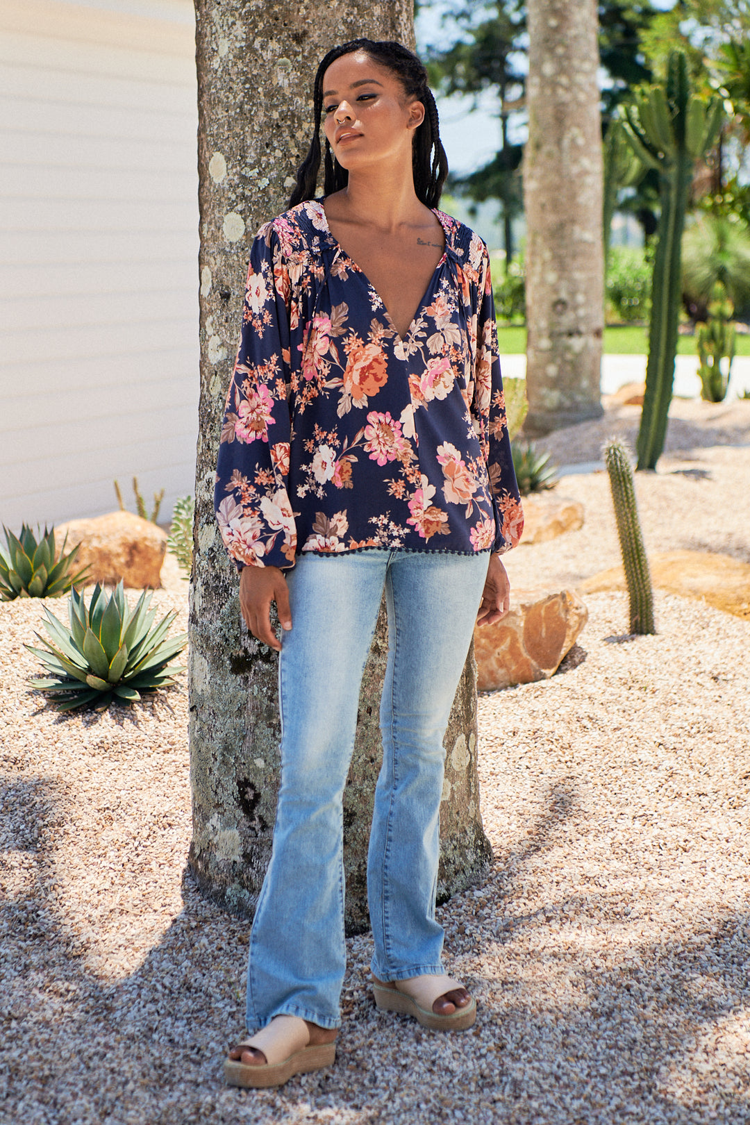 Winter Rose Navy Print Rue Top