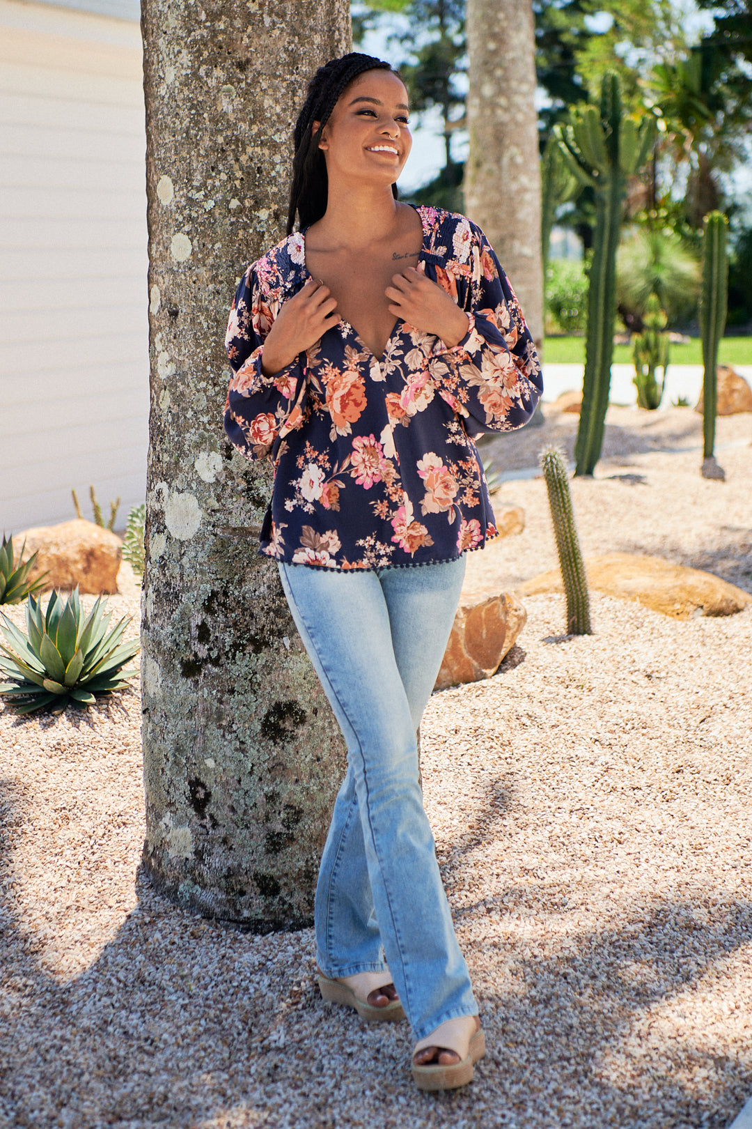 Winter Rose Navy Print Rue Top