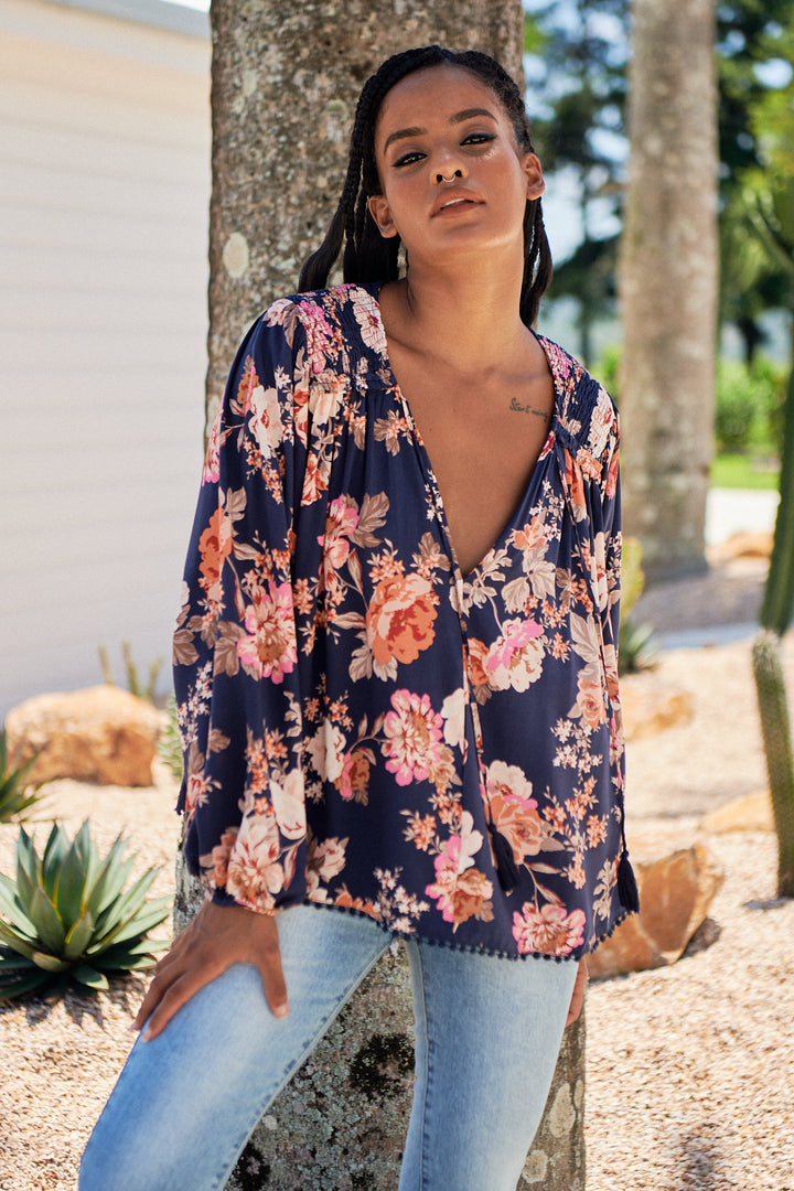 Winter Rose Navy Print Rue Top