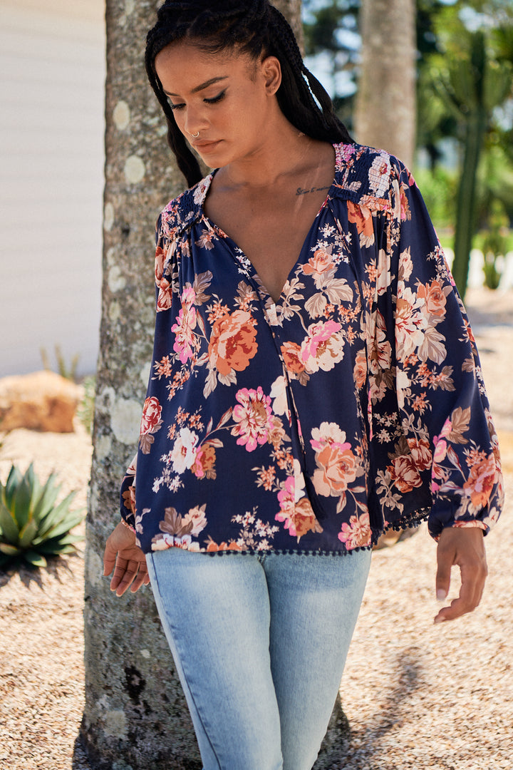 Winter Rose Navy Print Rue Top