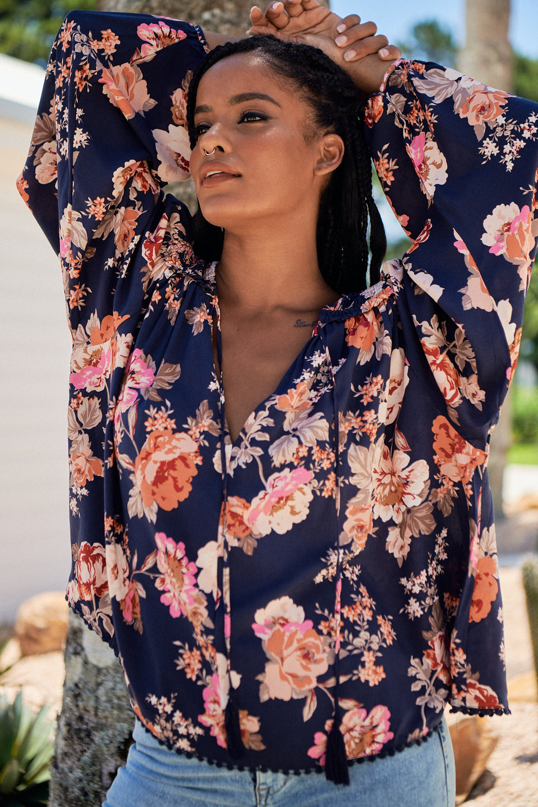 Winter Rose Navy Print Rue Top
