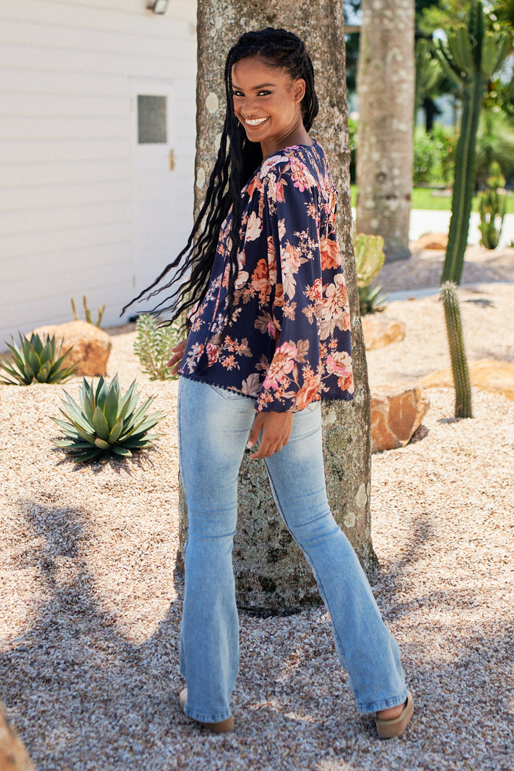Winter Rose Navy Print Rue Top