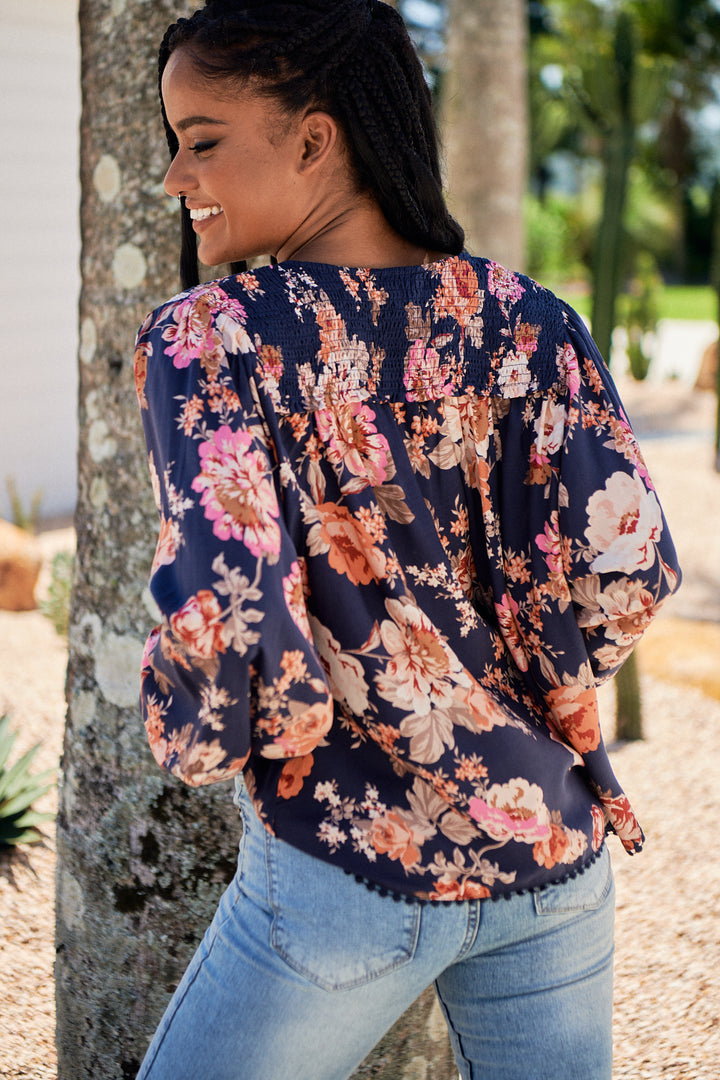Winter Rose Navy Print Rue Top
