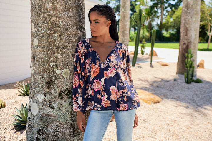 Winter Rose Navy Print Rue Top