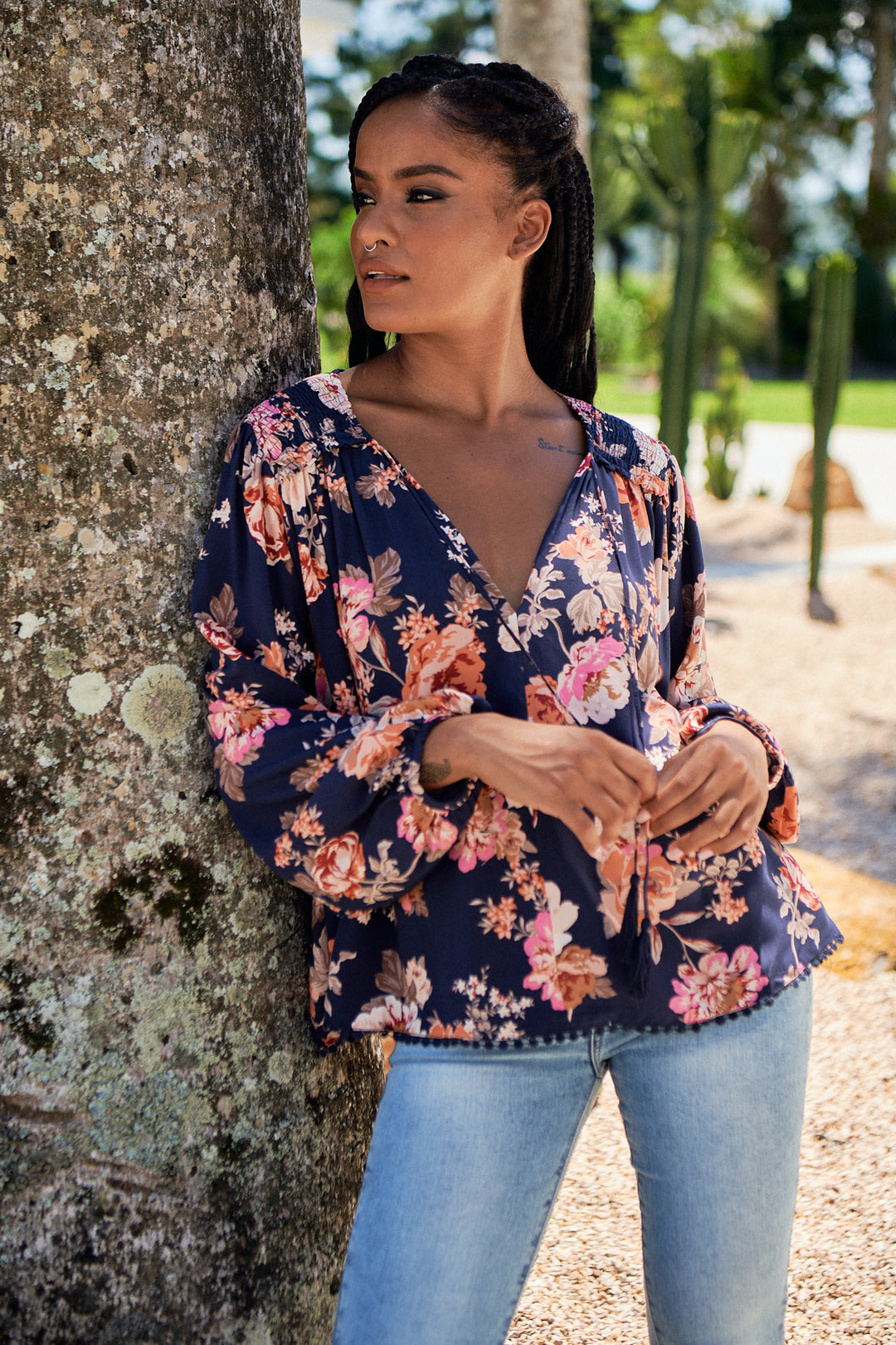 Winter Rose Navy Print Rue Top