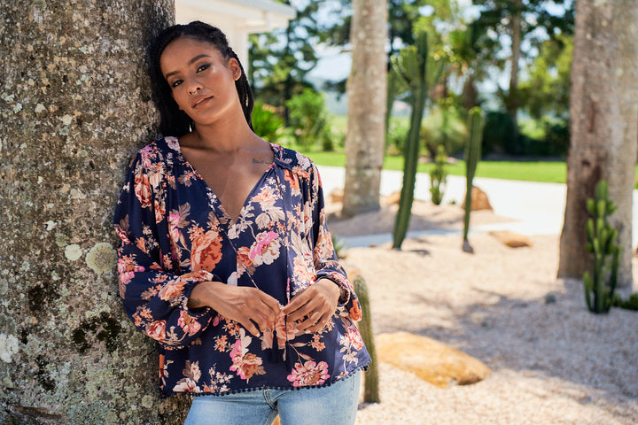 Winter Rose Navy Print Rue Top