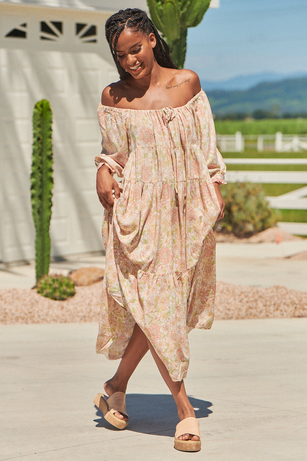 jaase midi dress Jaase Maxi Dress XS Tan Red Floral Print Button Front Tiered Boho Rayon Peasant