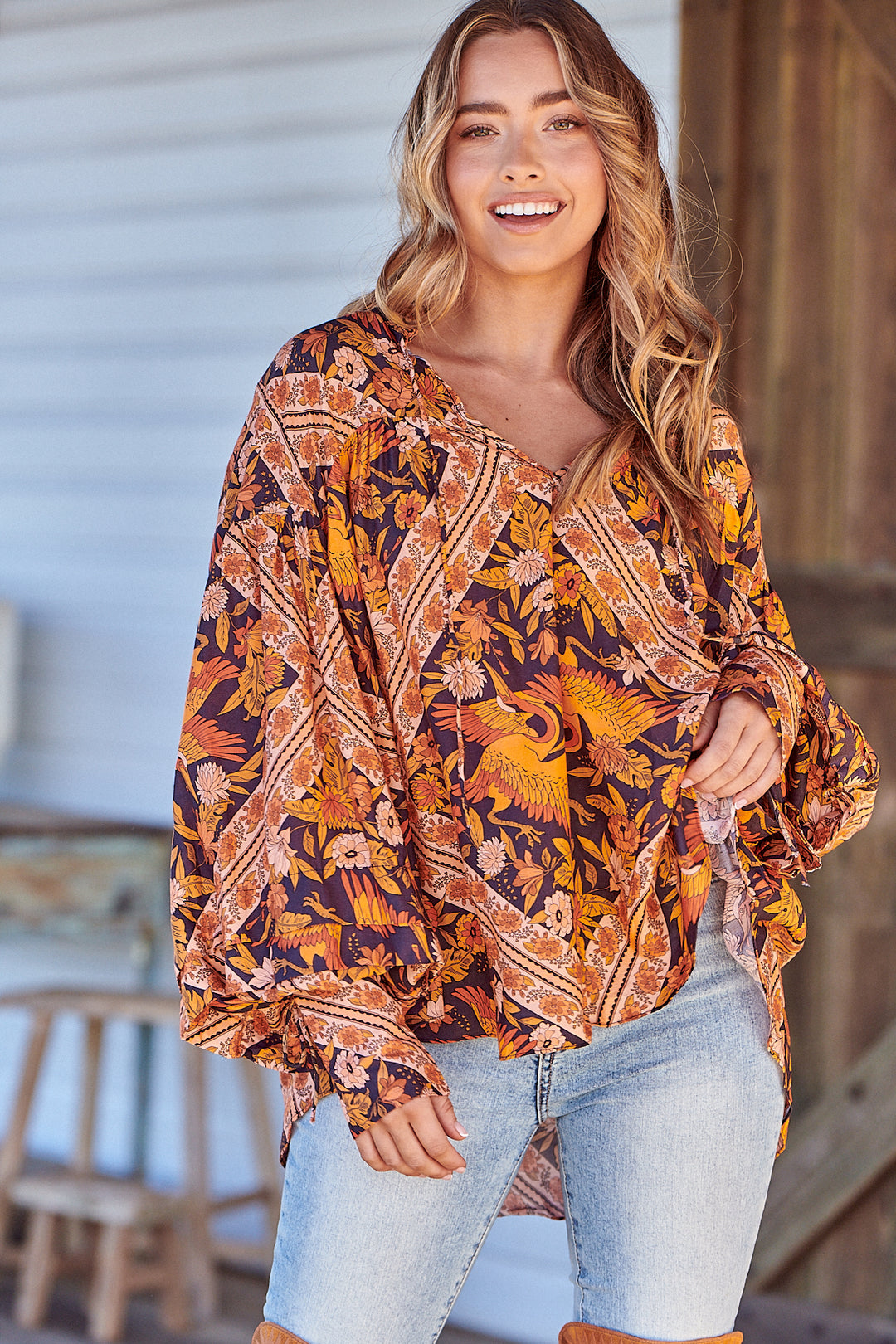 Lantana Print Folk Blouse