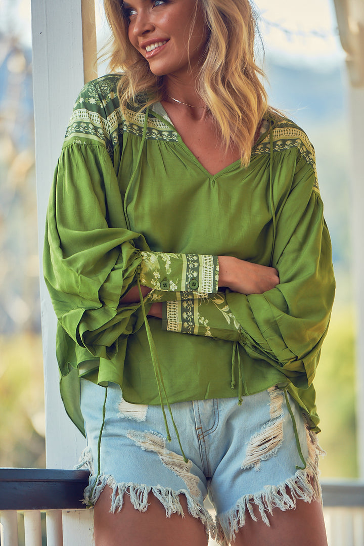 Eshana Olive Print Folk Blouse