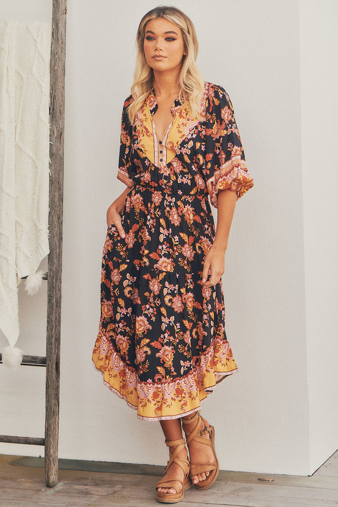 Black Phoenix Print Jasmine Midi Dress