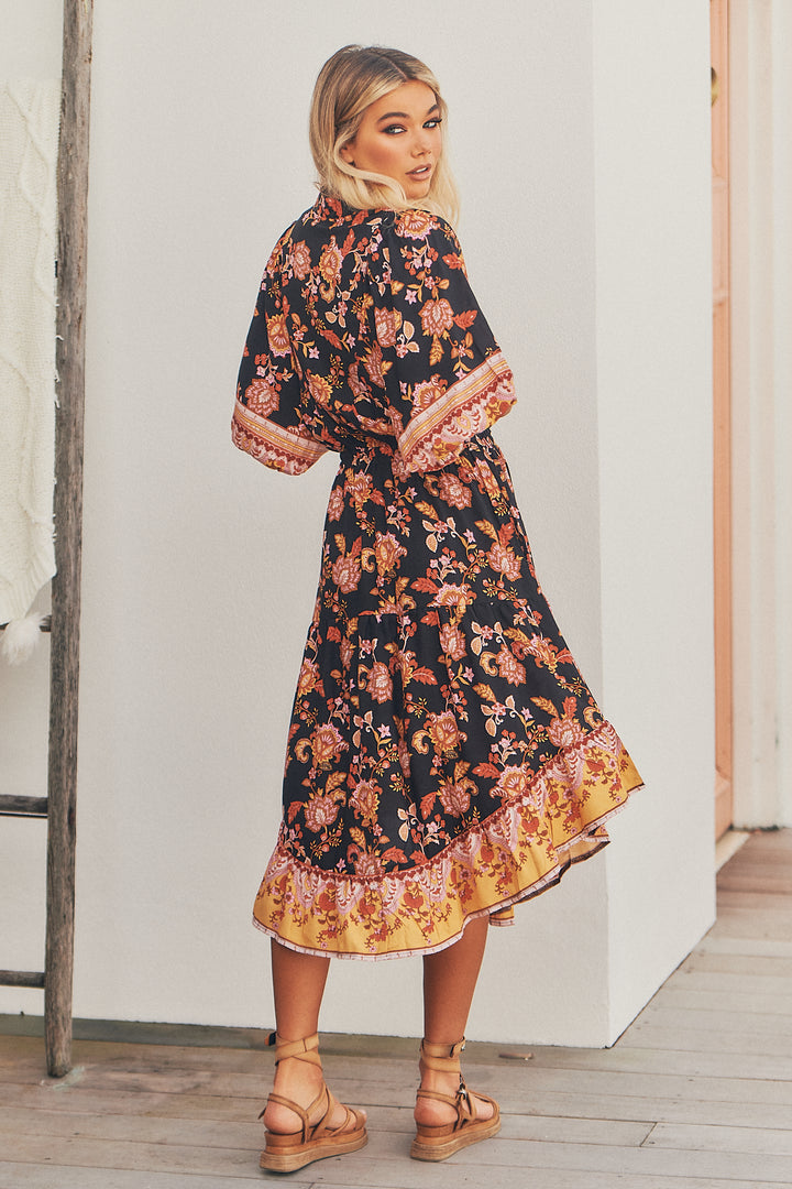 Black Phoenix Print Jasmine Midi Dress