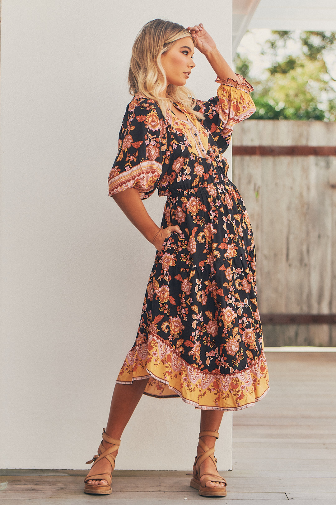 Black Phoenix Print Jasmine Midi Dress