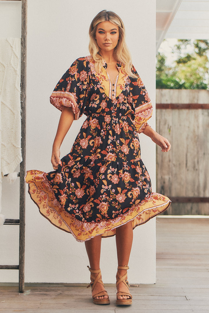 Black Phoenix Print Jasmine Midi Dress