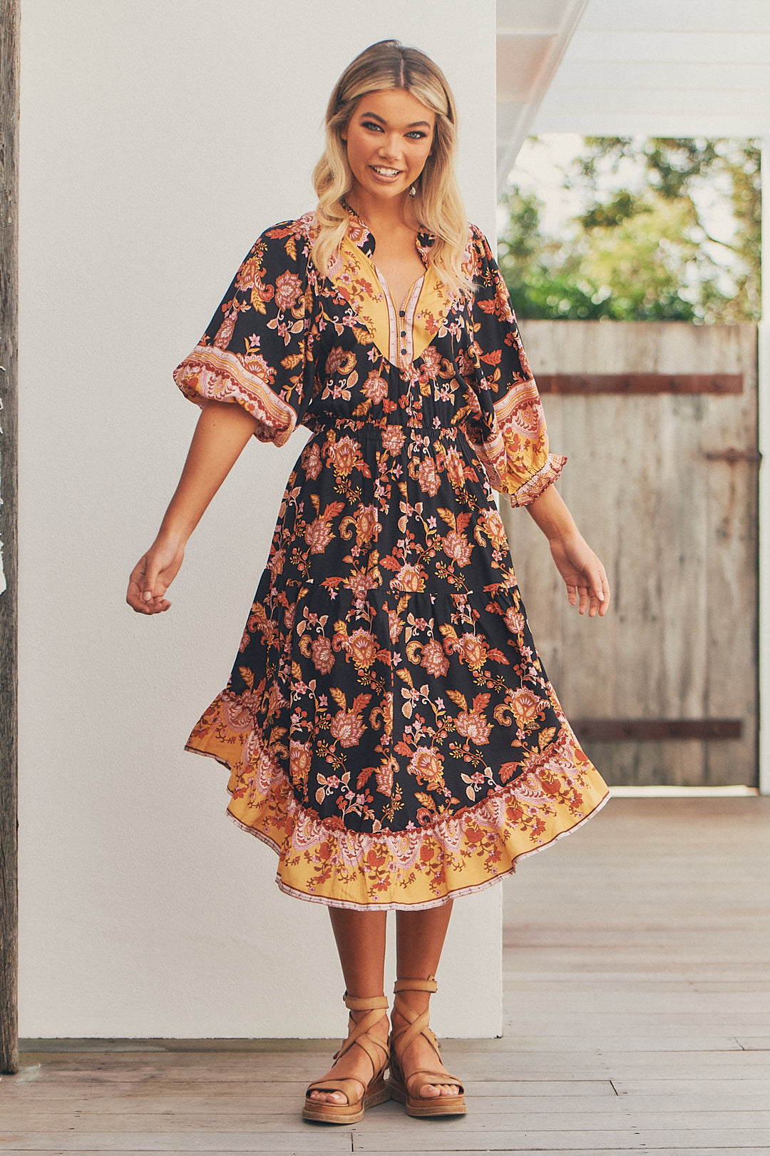 Black Phoenix Print Jasmine Midi Dress