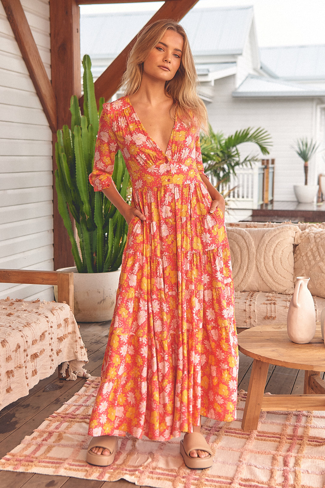 Follow the Sun Print Berry Maxi Dress