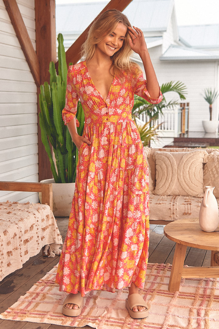 Follow the Sun Print Berry Maxi Dress