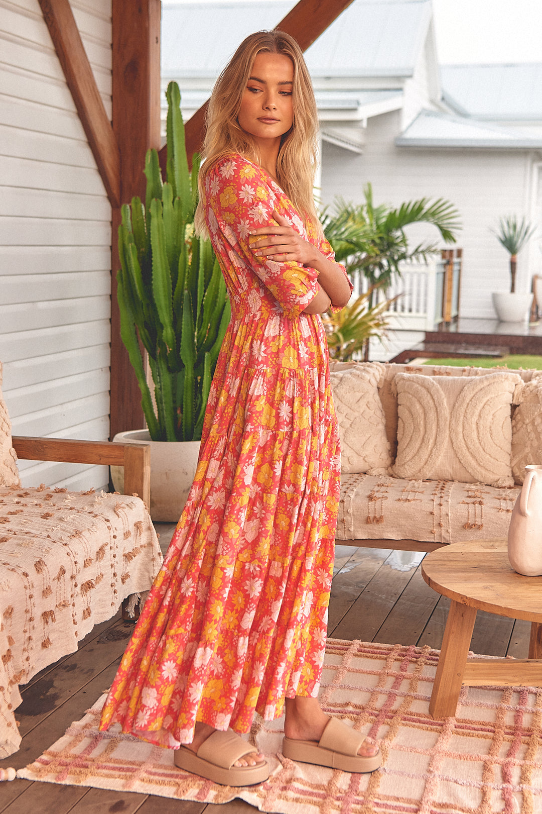 jaase maxi dress Jaase Maxi Dress XS Tan Red Floral Print Button Front Tiered Boho Rayon Peasant