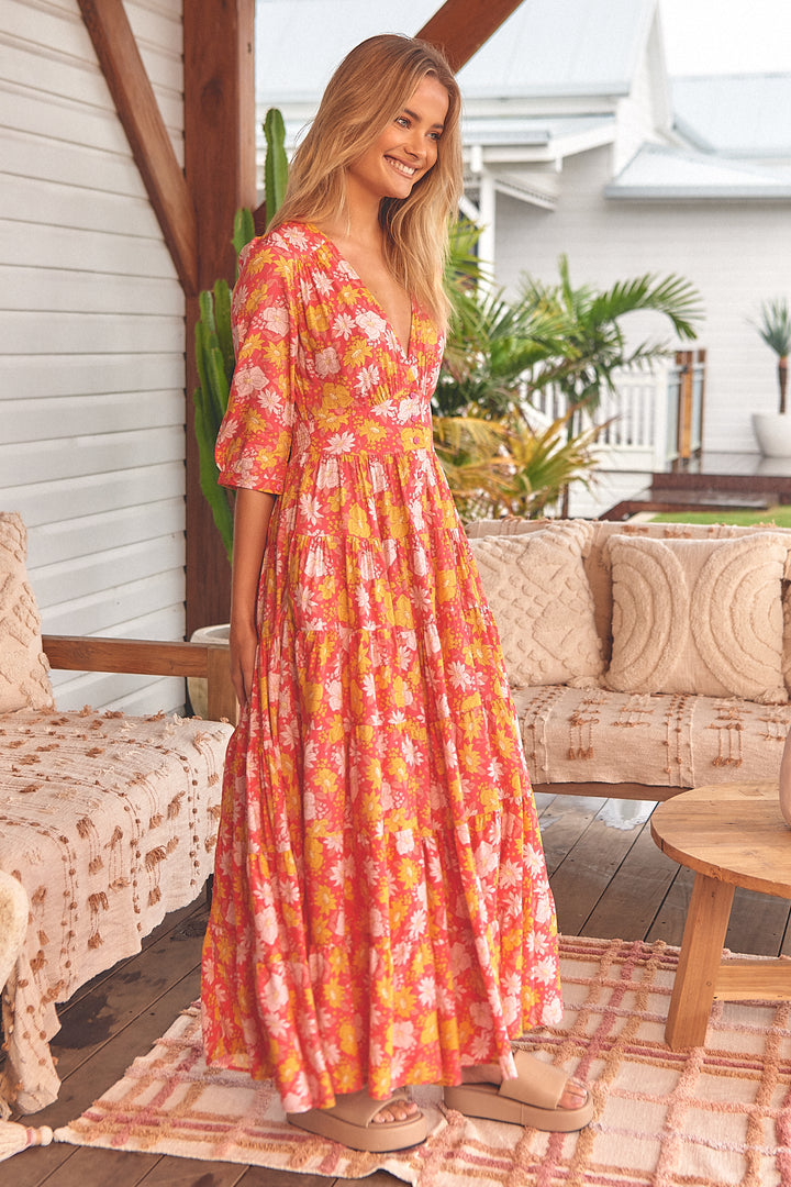 Follow the Sun Print Berry Maxi Dress