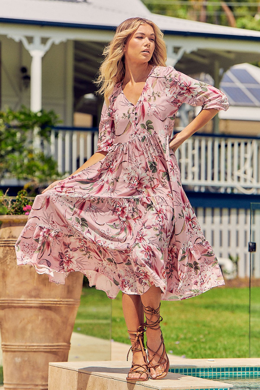 Jaase Pink Lotus Print Eve Midi Dress