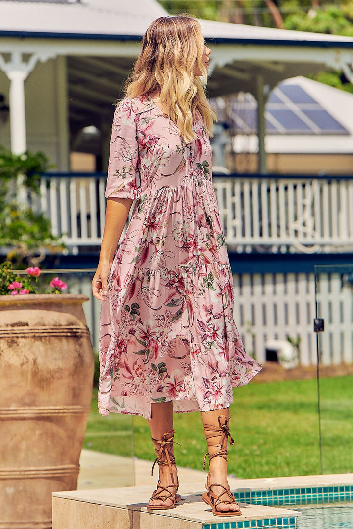 Jaase Pink Lotus Print Eve Midi Dress